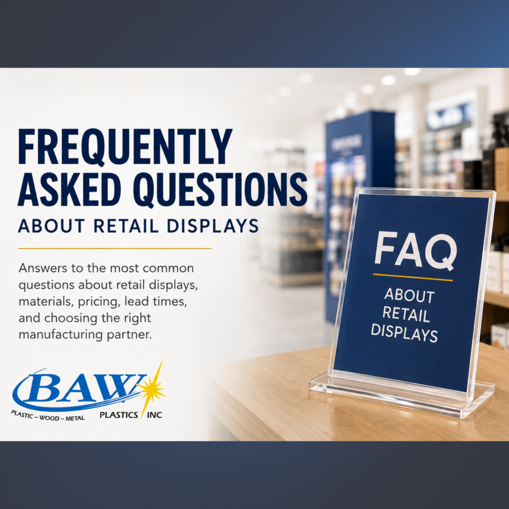 FAQ | BAW Plastics Inc. Large bold headline reading 'FREQUENTLY ASKED QUESTIONS' with blue FAQ signs in a retail display showroom background.