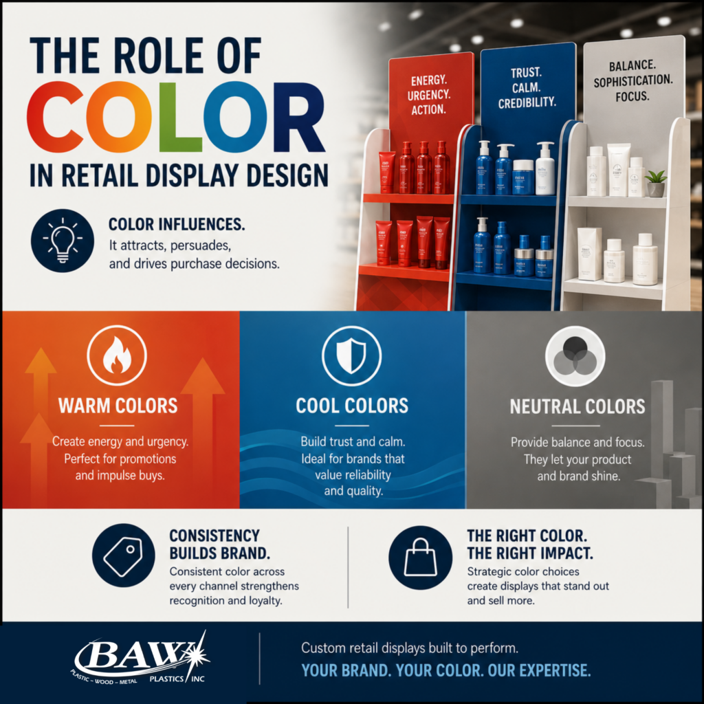 Color Blog Pic | BAW Plastics Inc. Advertisement banner showing 'The Role of Color in Retail Display Design' with color letters and product displays in red, blue, and white sections, left and right sides visible in the image.