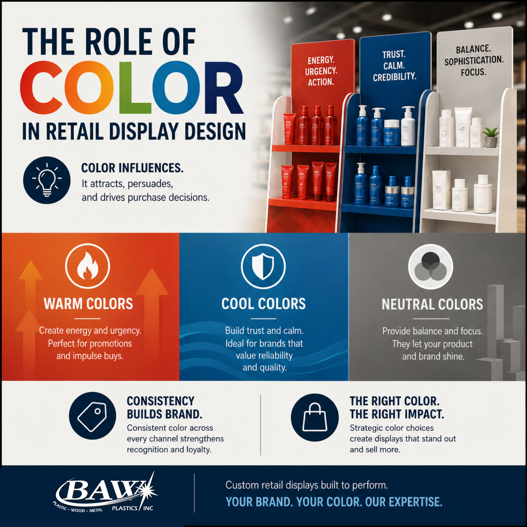 Color Blog Pic | BAW Plastics Inc. | BAW Plastics Inc. Advertisement banner showing 'The Role of Color in Retail Display Design' with color letters and product displays in red, blue, and white sections, left and right sides visible in the image.