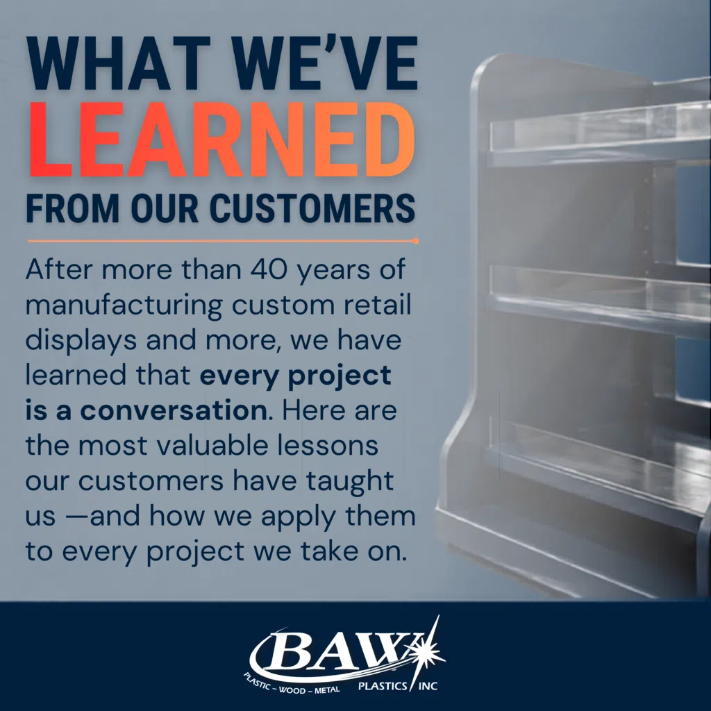 Lessons Learned Blog Post Pic | BAW Plastics Inc. Banner with the headline “WHAT WE'VE LEARNED FROM OUR CUSTOMERS” in navy and orange over a blue-gray background, ending with a dark blue section containing the BAX Plastics Inc. logo.