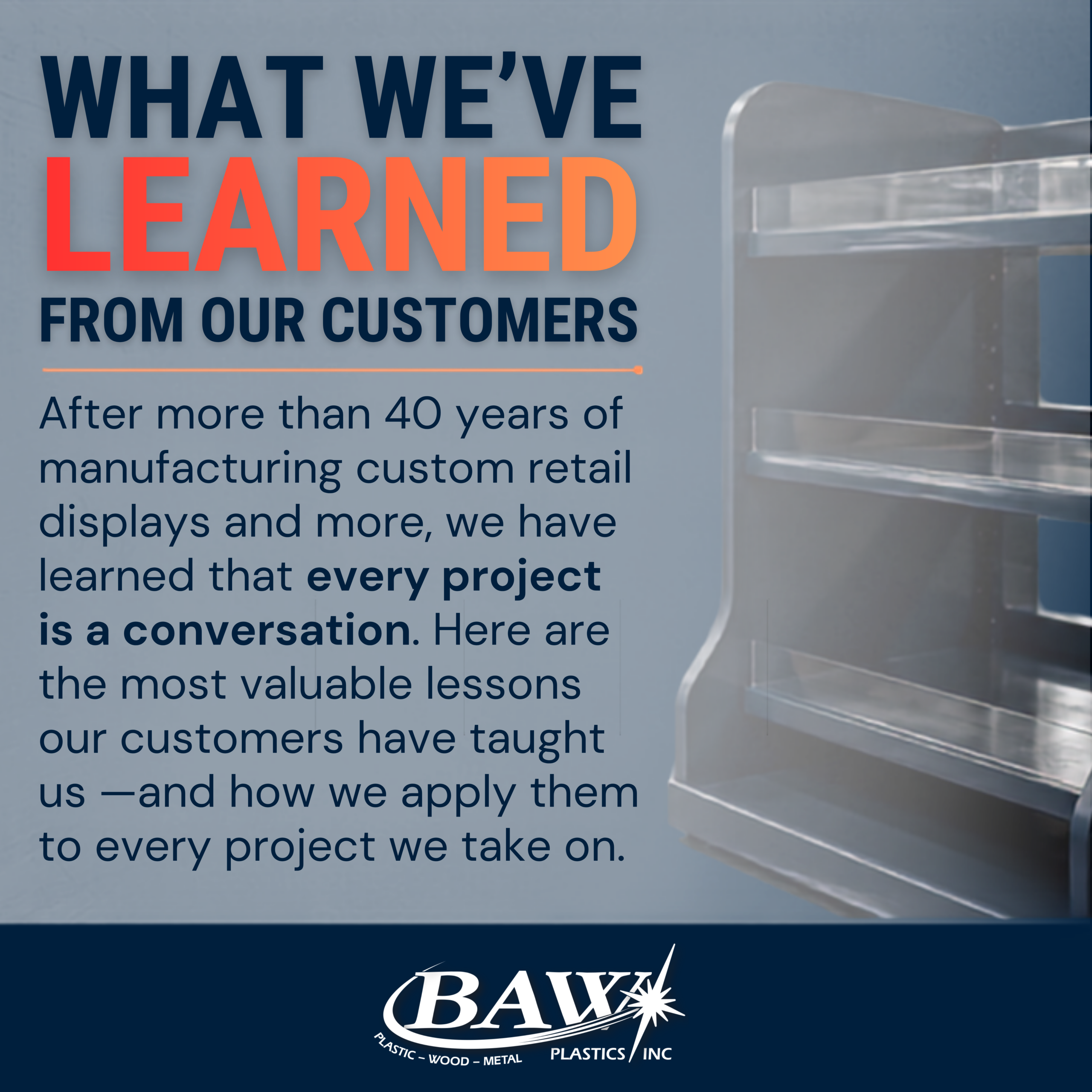 Lessons Learned Blog Post Pic | BAW Plastics Inc. | BAW Plastics Inc. Banner with the headline “WHAT WE'VE LEARNED FROM OUR CUSTOMERS” in navy and orange over a blue-gray background, ending with a dark blue section containing the BAX Plastics Inc. logo.