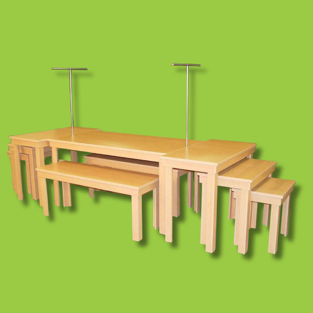 Modular Wooden Tables | BAW Plastics Inc. | BAW Plastics Inc. Set of modular wooden classroom desks and benches with metal support poles on a lime green background.