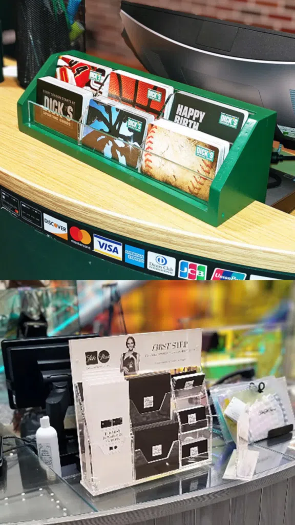 Dicks Sporting Goods and Macy's Gift Card Holder | BAW Plastics Inc. | BAW Plastics Inc. Green display holds assorted Dick's Sporting Goods gift cards at a checkout counter, with payment logos on the curved edge in the foreground.