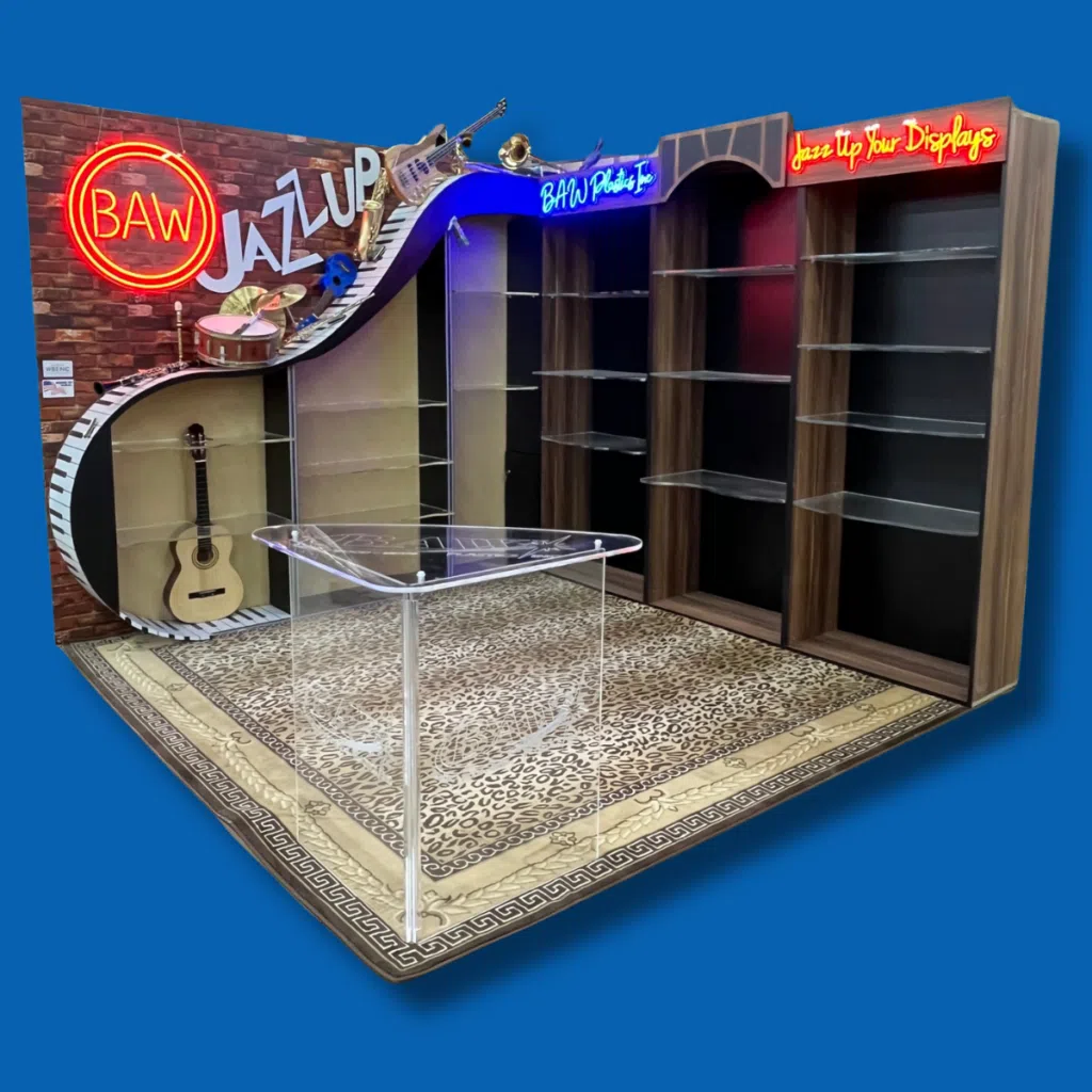 Shop! MarketPlace Trade Show Display | BAW Plastics Inc. | BAW Plastics Inc. Music store display: curved guitar backdrop, acoustic guitar on a stand, neon signs, and empty shelves on a leopard rug.