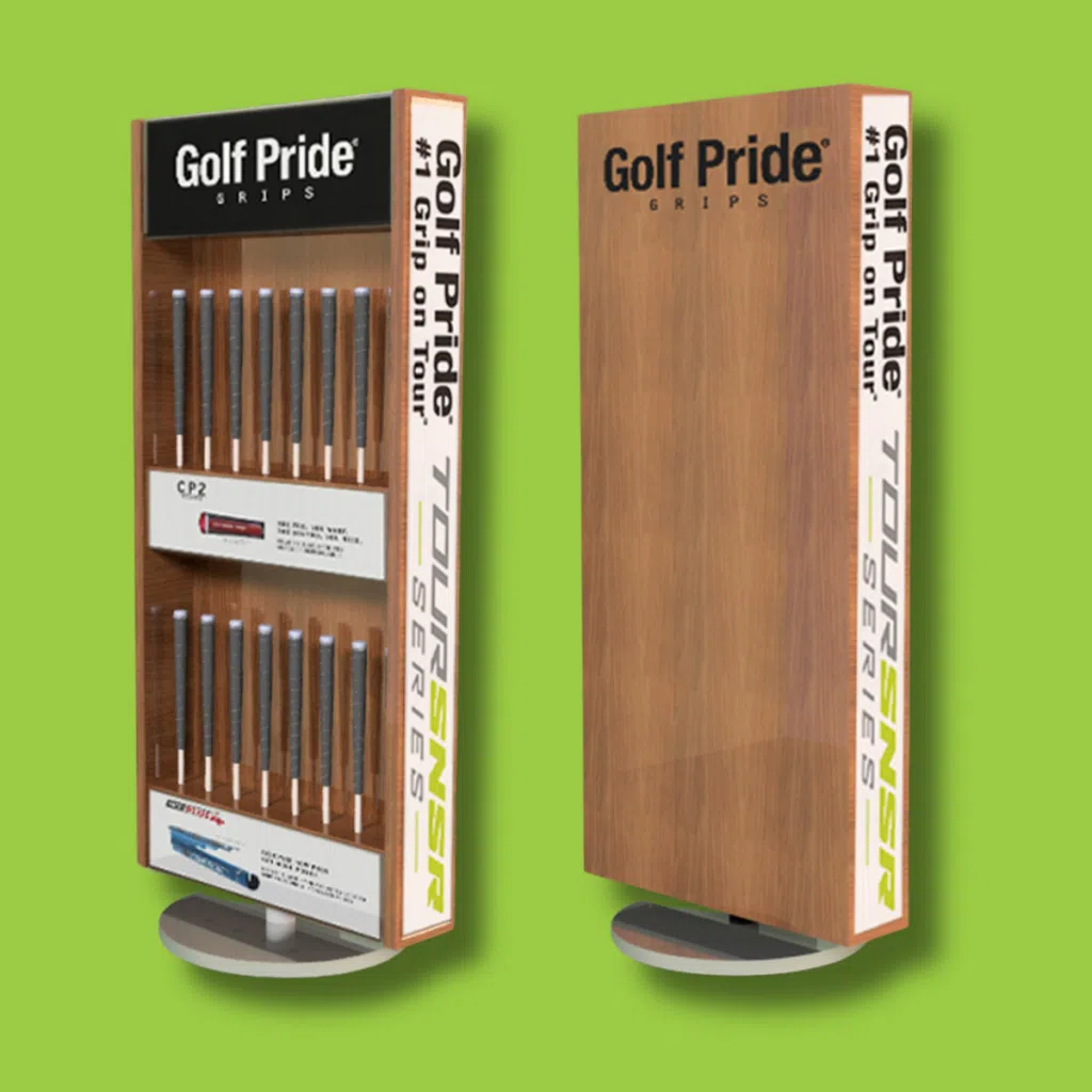 Golf Pride Golf Grip Spinner Display | BAW Plastics Inc. | BAW Plastics Inc. Two Golf Pride grip display units on a lime background, one open showing grip samples and the other closed in wood finish with brand text on the sides