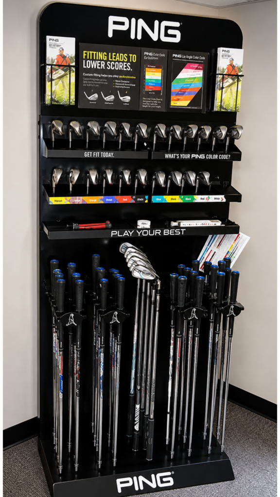 PING Golf Club Display Rack | BAW Plastics Inc. | BAW Plastics Inc. Ping golf club display rack with irons and drivers in a showroom, branded signage above.
