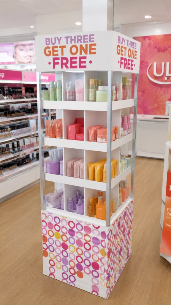 Ulta Beauty Display | BAW Plastics Inc. | BAW Plastics Inc. Cosmetics display stand in a store with a 'Buy three, get one free' sign; shelves filled with pastel bottles and tubes.