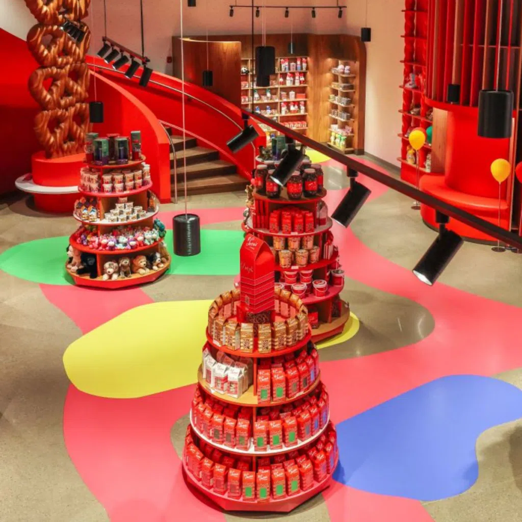 Circular Sarris Candy Floor Display | BAW Plastics Inc. | BAW Plastics Inc. Bright candy shop with red spiral slide and circular tier displays filled with candy and treats, across multicolored floor patterns.