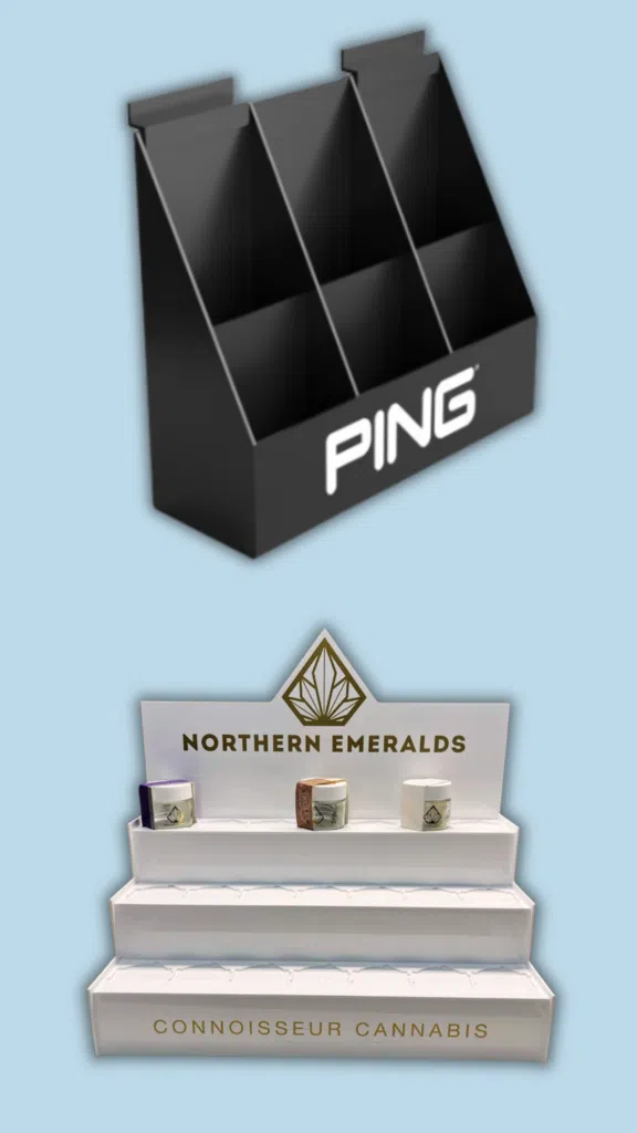 PING Glove Holder Display and Northern Emeralds Displays | BAW Plastics Inc. | BAW Plastics Inc. Promotional display: a black Ping organizer rack above a Northern Emeralds cannabis product display on a light blue background.