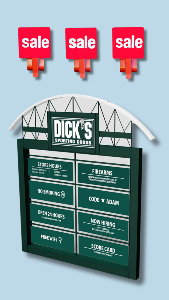 Sale Sign Clips and Dicks Sporting Goods Sign | BAW Plastics Inc. | BAW Plastics Inc. Three red sale signs above a Dick's Sporting Goods storefront information board on a blue background.