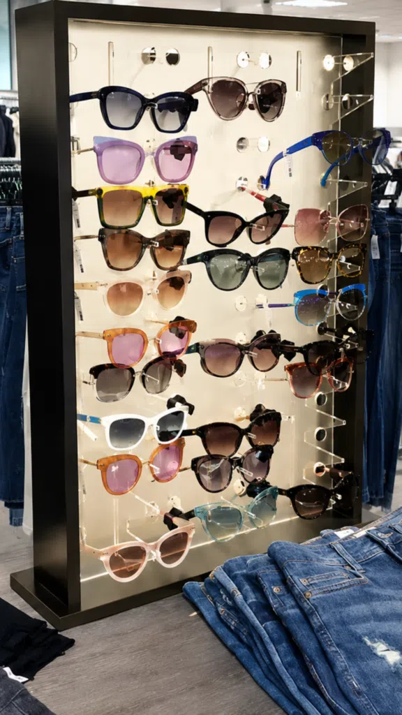 Sunglass Dislay | BAW Plastics Inc. | BAW Plastics Inc. Illuminated sunglasses display rack with numerous colorful frames, jeans folded on the floor nearby.