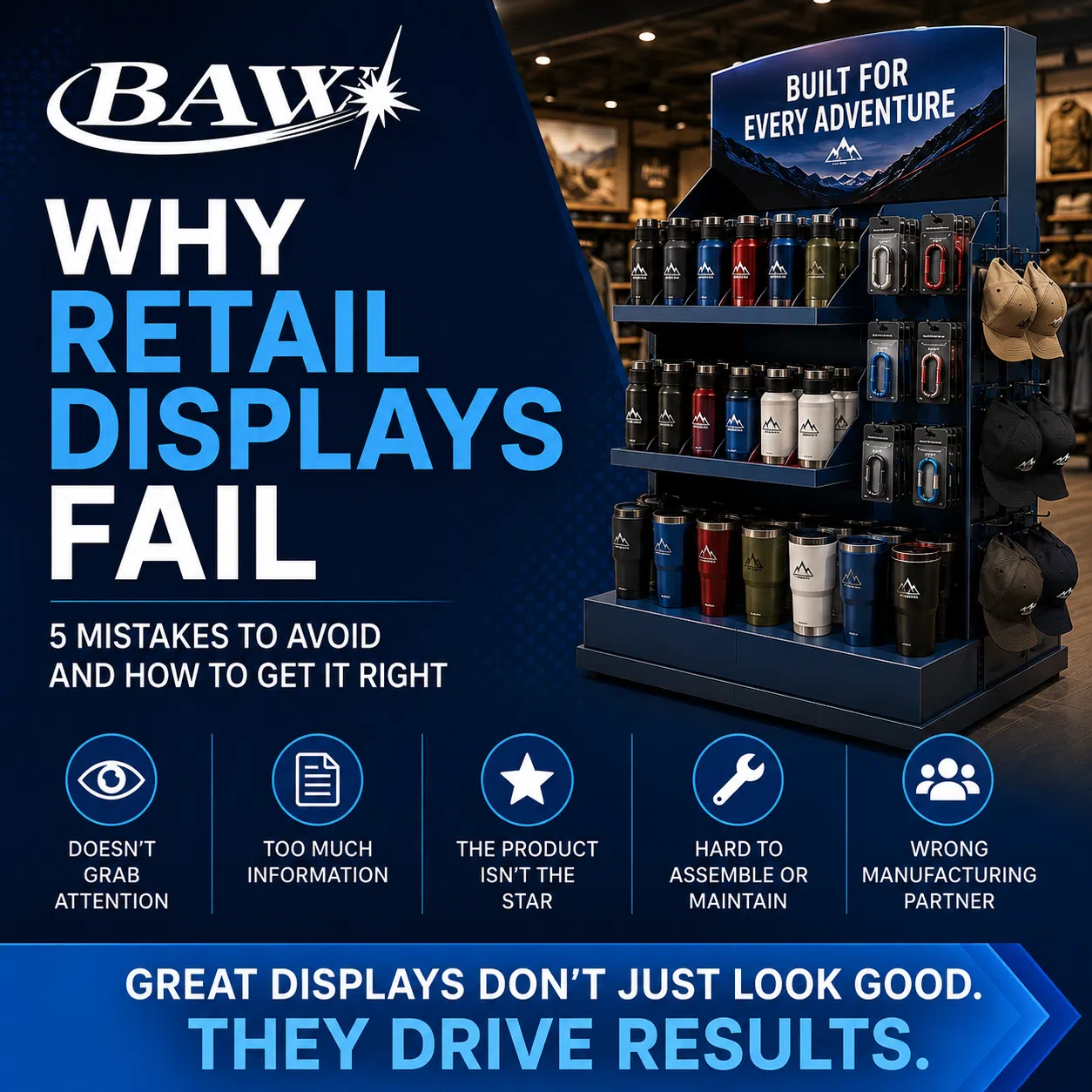 Why Retail Displays Fail | BAW Plastics Inc. | BAW Plastics Inc. Promotional poster for BAW about why retail displays fail, featuring bold text and a product display with bottles and hats on the right.